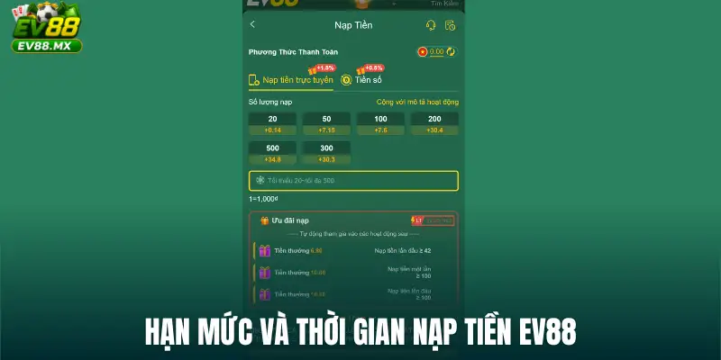 Hạn mức và thời gian Nạp Tiền EV88